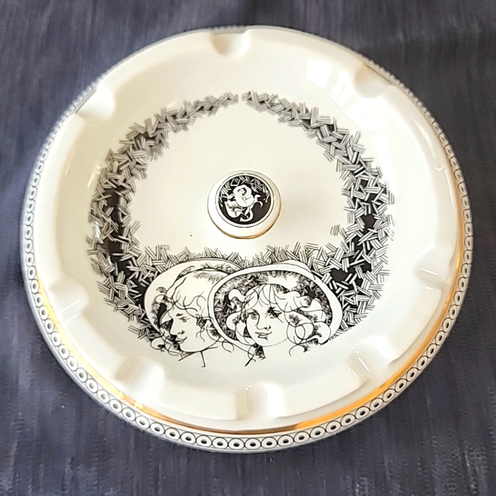 VTG Ashtray HOLLOHAZA HUNGARY  Endre Szasz Art Deco Trinket Dish 5" Black White